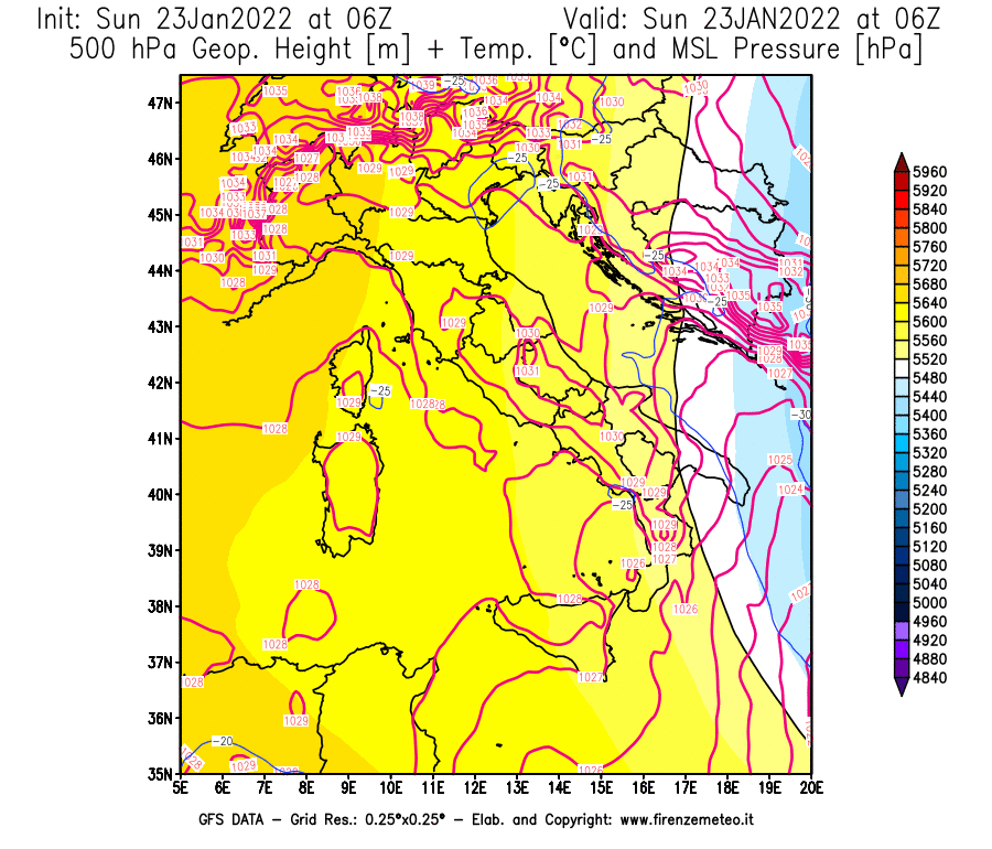 Mappa di analisi GFS - Geopotenziale [m] + Temp. [°C] a 500 hPa + Press. a livello del mare [hPa] in Italia
							del 23/01/2022 06 <!--googleoff: index-->UTC<!--googleon: index-->
