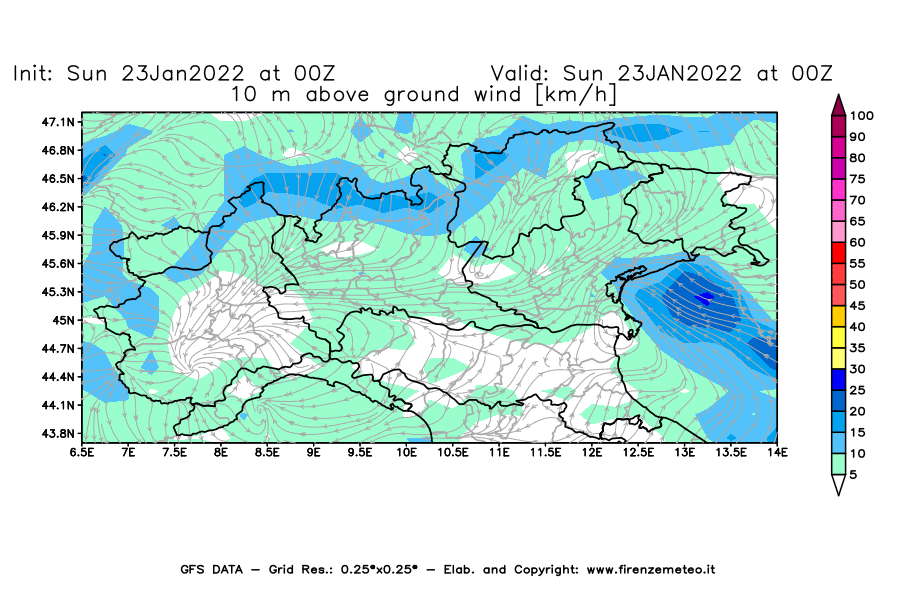 Mappa di analisi GFS - Velocità del vento a 10 metri dal suolo [km/h] in Nord-Italia
							del 23/01/2022 00 <!--googleoff: index-->UTC<!--googleon: index-->