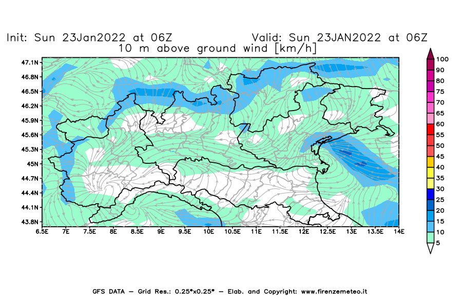 Mappa di analisi GFS - Velocità del vento a 10 metri dal suolo [km/h] in Nord-Italia
							del 23/01/2022 06 <!--googleoff: index-->UTC<!--googleon: index-->