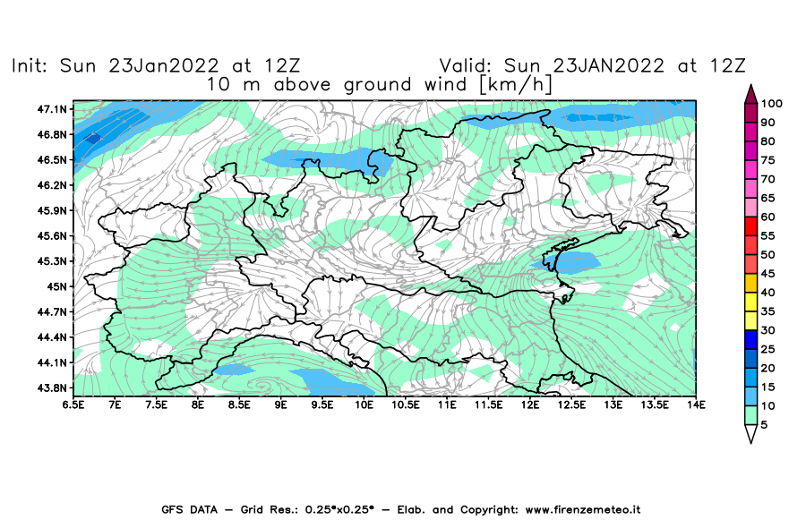 Mappa di analisi GFS - Velocità del vento a 10 metri dal suolo [km/h] in Nord-Italia
							del 23/01/2022 12 <!--googleoff: index-->UTC<!--googleon: index-->
