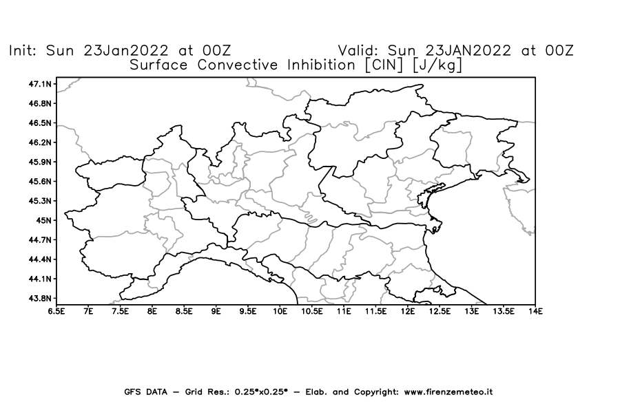 Mappa di analisi GFS - CIN [J/kg] in Nord-Italia
							del 23/01/2022 00 <!--googleoff: index-->UTC<!--googleon: index-->