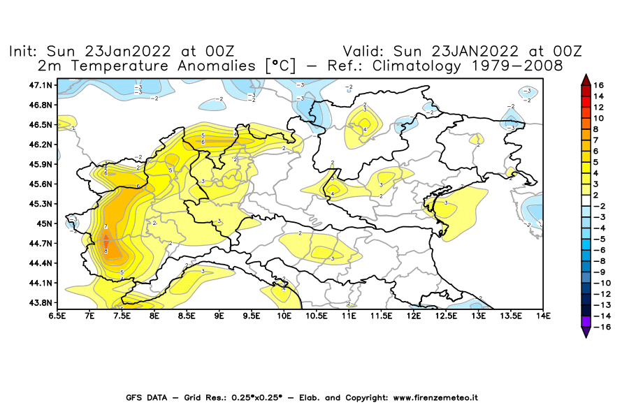 Mappa di analisi GFS - Anomalia Temperatura [°C] a 2 m in Nord-Italia
							del 23/01/2022 00 <!--googleoff: index-->UTC<!--googleon: index-->