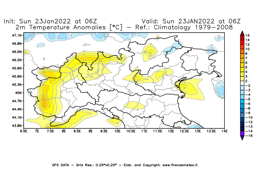 Mappa di analisi GFS - Anomalia Temperatura [°C] a 2 m in Nord-Italia
							del 23/01/2022 06 <!--googleoff: index-->UTC<!--googleon: index-->