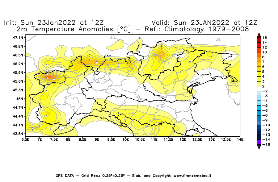 Mappa di analisi GFS - Anomalia Temperatura [°C] a 2 m in Nord-Italia
							del 23/01/2022 12 <!--googleoff: index-->UTC<!--googleon: index-->