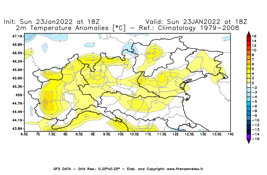 Mappa di analisi GFS - Anomalia Temperatura [°C] a 2 m in Nord-Italia
							del 23/01/2022 18 <!--googleoff: index-->UTC<!--googleon: index-->