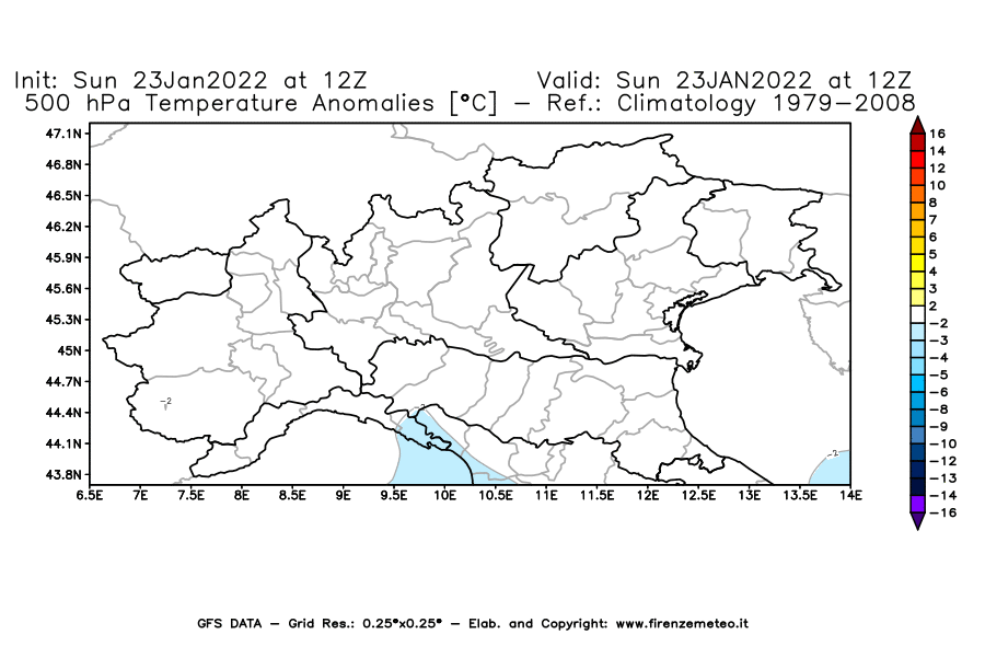 Mappa di analisi GFS - Anomalia Temperatura [°C] a 500 hPa in Nord-Italia
							del 23/01/2022 12 <!--googleoff: index-->UTC<!--googleon: index-->
