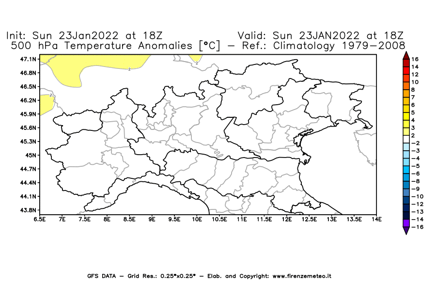 Mappa di analisi GFS - Anomalia Temperatura [°C] a 500 hPa in Nord-Italia
							del 23/01/2022 18 <!--googleoff: index-->UTC<!--googleon: index-->
