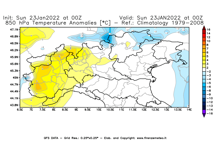 Mappa di analisi GFS - Anomalia Temperatura [°C] a 850 hPa in Nord-Italia
							del 23/01/2022 00 <!--googleoff: index-->UTC<!--googleon: index-->