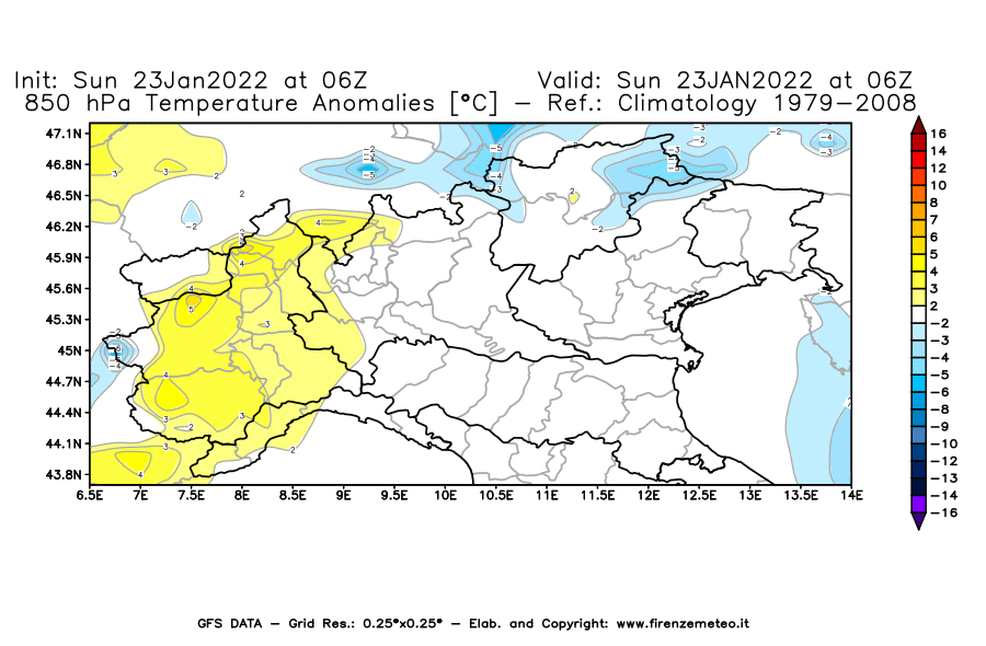 Mappa di analisi GFS - Anomalia Temperatura [°C] a 850 hPa in Nord-Italia
							del 23/01/2022 06 <!--googleoff: index-->UTC<!--googleon: index-->