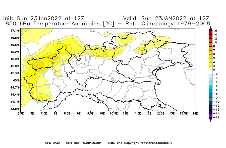 Mappa di analisi GFS - Anomalia Temperatura [°C] a 850 hPa in Nord-Italia
							del 23/01/2022 12 <!--googleoff: index-->UTC<!--googleon: index-->