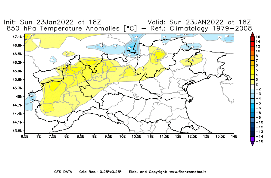 Mappa di analisi GFS - Anomalia Temperatura [°C] a 850 hPa in Nord-Italia
							del 23/01/2022 18 <!--googleoff: index-->UTC<!--googleon: index-->