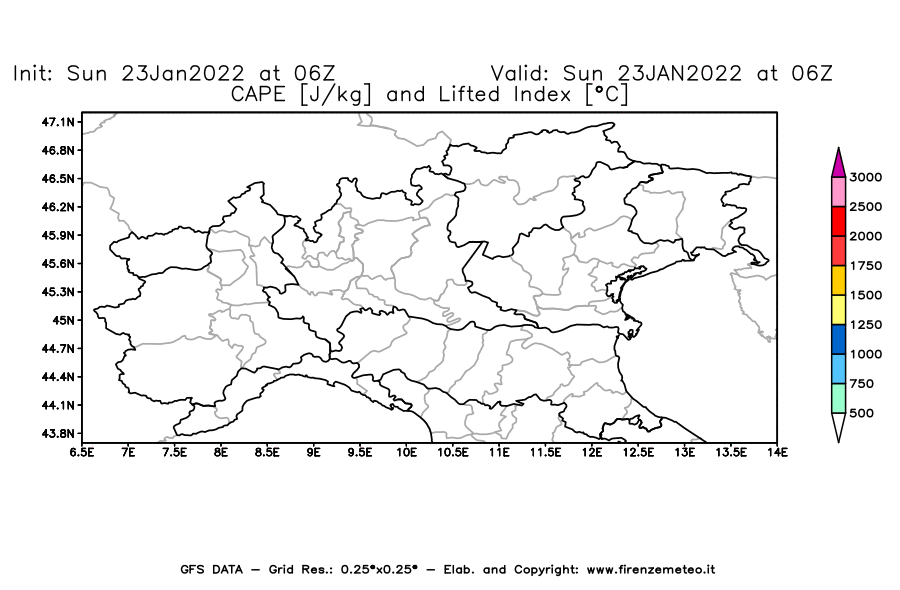 Mappa di analisi GFS - CAPE [J/kg] e Lifted Index [°C] in Nord-Italia
							del 23/01/2022 06 <!--googleoff: index-->UTC<!--googleon: index-->