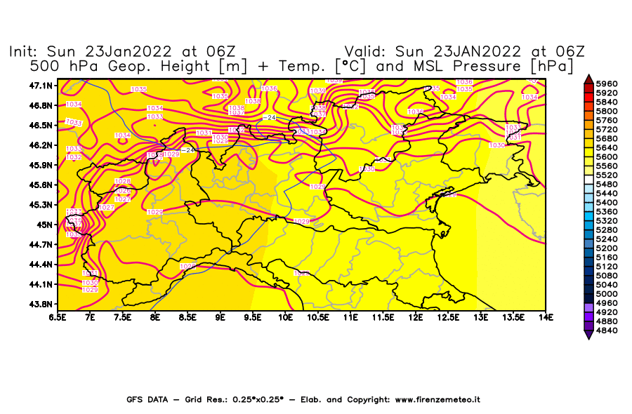 Mappa di analisi GFS - Geopotenziale [m] + Temp. [°C] a 500 hPa + Press. a livello del mare [hPa] in Nord-Italia
							del 23/01/2022 06 <!--googleoff: index-->UTC<!--googleon: index-->