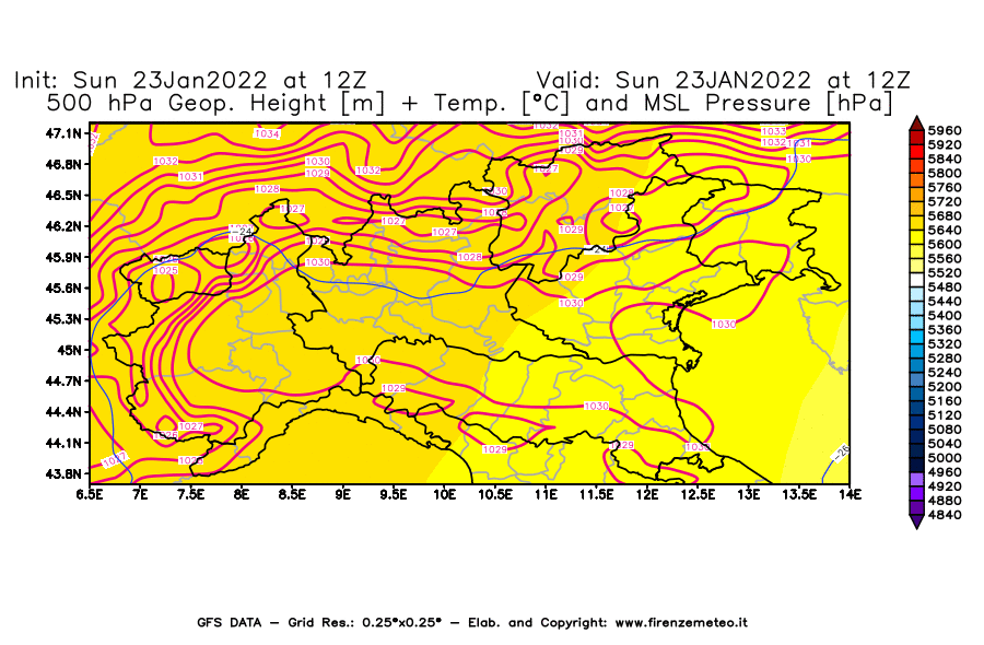 Mappa di analisi GFS - Geopotenziale [m] + Temp. [°C] a 500 hPa + Press. a livello del mare [hPa] in Nord-Italia
							del 23/01/2022 12 <!--googleoff: index-->UTC<!--googleon: index-->
