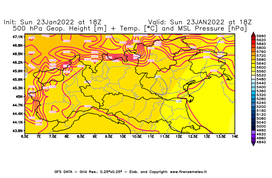 Mappa di analisi GFS - Geopotenziale [m] + Temp. [°C] a 500 hPa + Press. a livello del mare [hPa] in Nord-Italia
							del 23/01/2022 18 <!--googleoff: index-->UTC<!--googleon: index-->