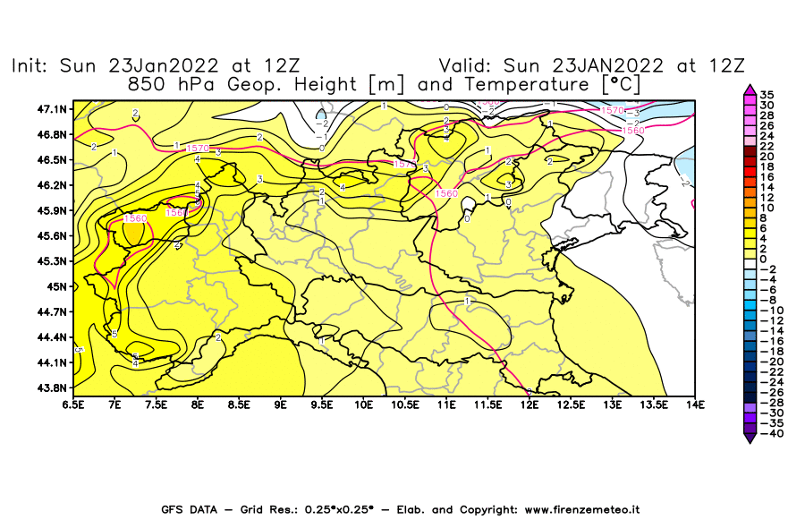 Mappa di analisi GFS - Geopotenziale [m] e Temperatura [°C] a 850 hPa in Nord-Italia
							del 23/01/2022 12 <!--googleoff: index-->UTC<!--googleon: index-->