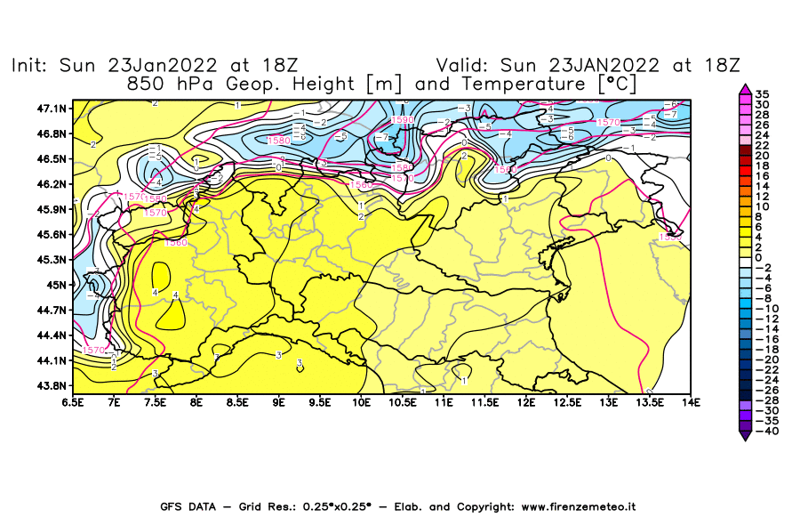 Mappa di analisi GFS - Geopotenziale [m] e Temperatura [°C] a 850 hPa in Nord-Italia
							del 23/01/2022 18 <!--googleoff: index-->UTC<!--googleon: index-->