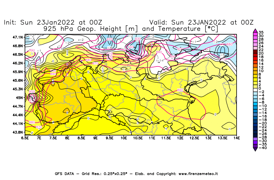 Mappa di analisi GFS - Geopotenziale [m] e Temperatura [°C] a 925 hPa in Nord-Italia
							del 23/01/2022 00 <!--googleoff: index-->UTC<!--googleon: index-->