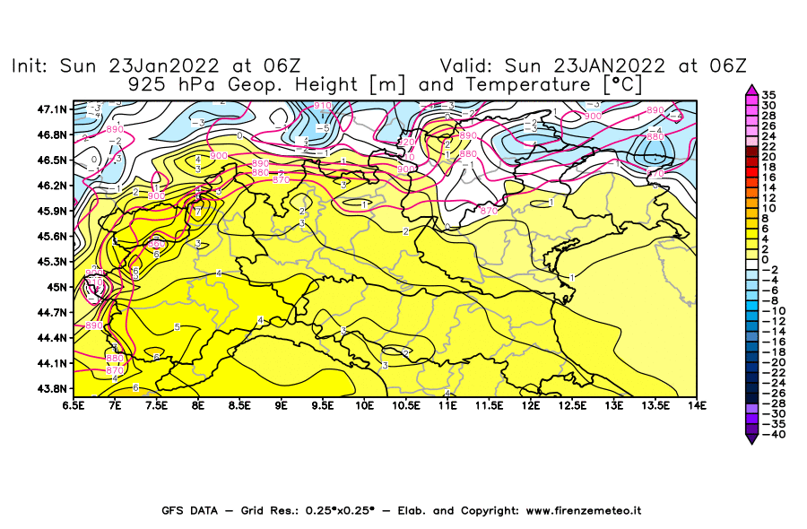 Mappa di analisi GFS - Geopotenziale [m] e Temperatura [°C] a 925 hPa in Nord-Italia
							del 23/01/2022 06 <!--googleoff: index-->UTC<!--googleon: index-->