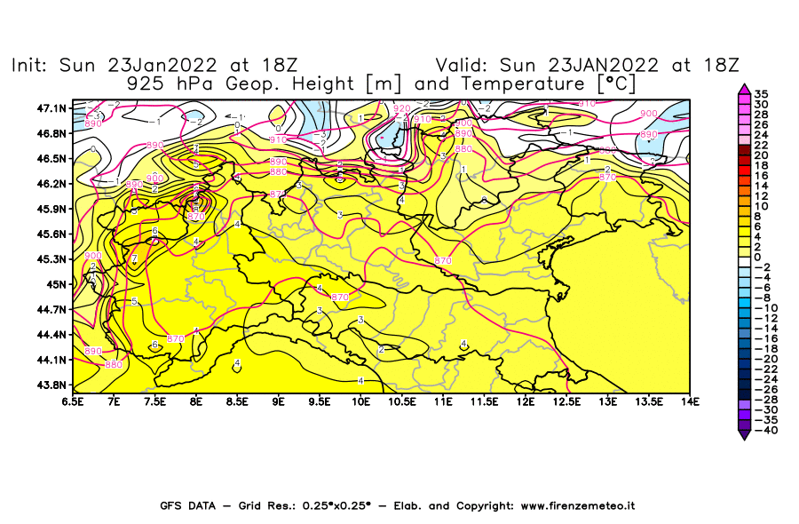 Mappa di analisi GFS - Geopotenziale [m] e Temperatura [°C] a 925 hPa in Nord-Italia
							del 23/01/2022 18 <!--googleoff: index-->UTC<!--googleon: index-->