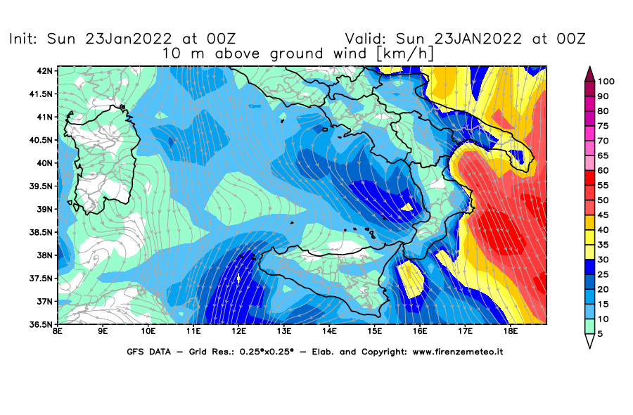 Mappa di analisi GFS - Velocità del vento a 10 metri dal suolo [km/h] in Sud-Italia
							del 23/01/2022 00 <!--googleoff: index-->UTC<!--googleon: index-->