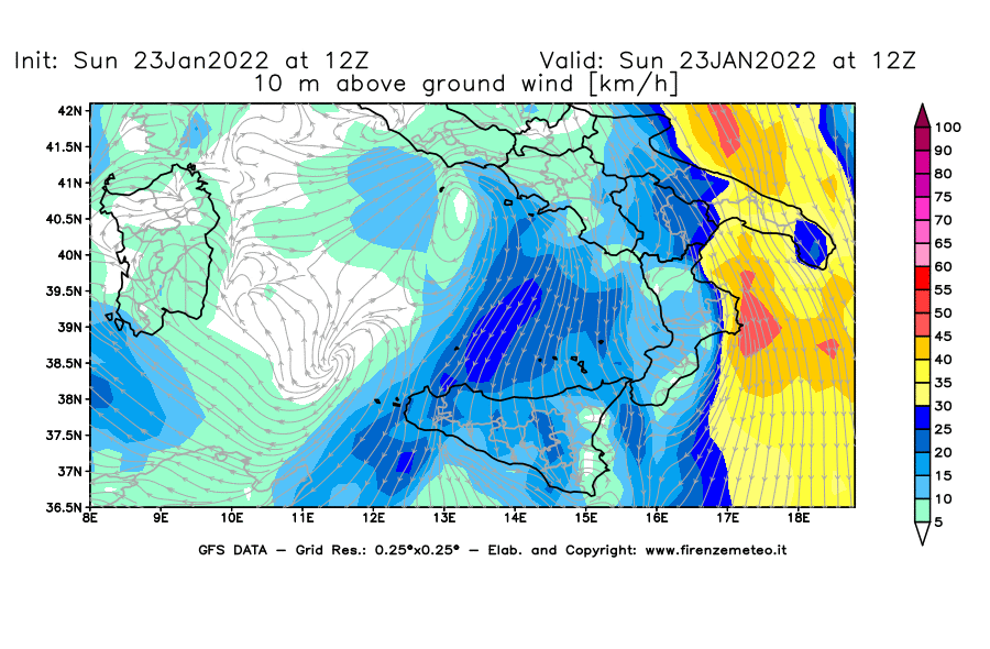 Mappa di analisi GFS - Velocità del vento a 10 metri dal suolo [km/h] in Sud-Italia
							del 23/01/2022 12 <!--googleoff: index-->UTC<!--googleon: index-->