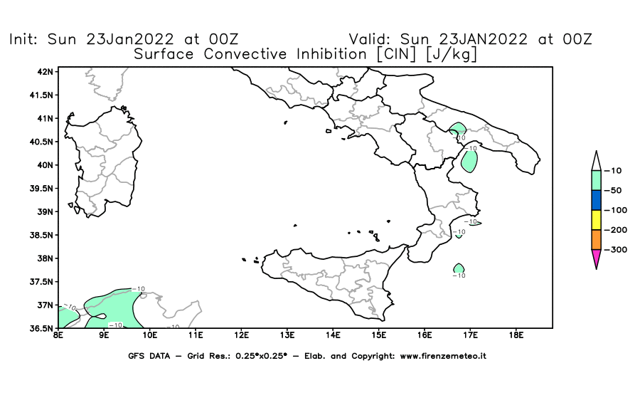 Mappa di analisi GFS - CIN [J/kg] in Sud-Italia
							del 23/01/2022 00 <!--googleoff: index-->UTC<!--googleon: index-->
