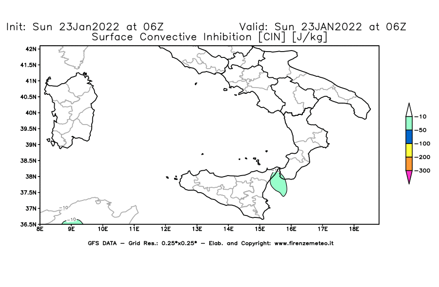 Mappa di analisi GFS - CIN [J/kg] in Sud-Italia
							del 23/01/2022 06 <!--googleoff: index-->UTC<!--googleon: index-->