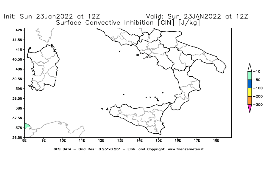 Mappa di analisi GFS - CIN [J/kg] in Sud-Italia
							del 23/01/2022 12 <!--googleoff: index-->UTC<!--googleon: index-->