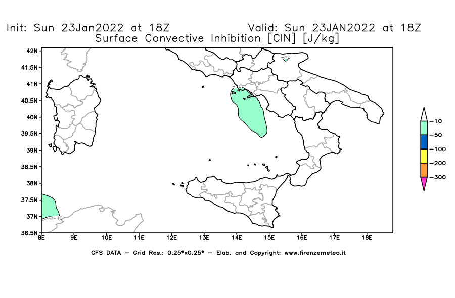 Mappa di analisi GFS - CIN [J/kg] in Sud-Italia
							del 23/01/2022 18 <!--googleoff: index-->UTC<!--googleon: index-->