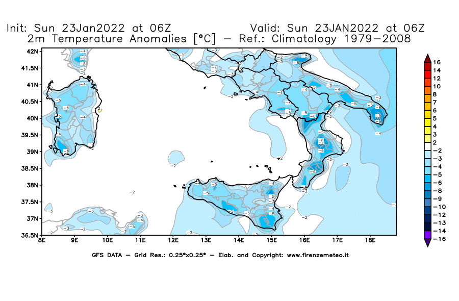 Mappa di analisi GFS - Anomalia Temperatura [°C] a 2 m in Sud-Italia
							del 23/01/2022 06 <!--googleoff: index-->UTC<!--googleon: index-->