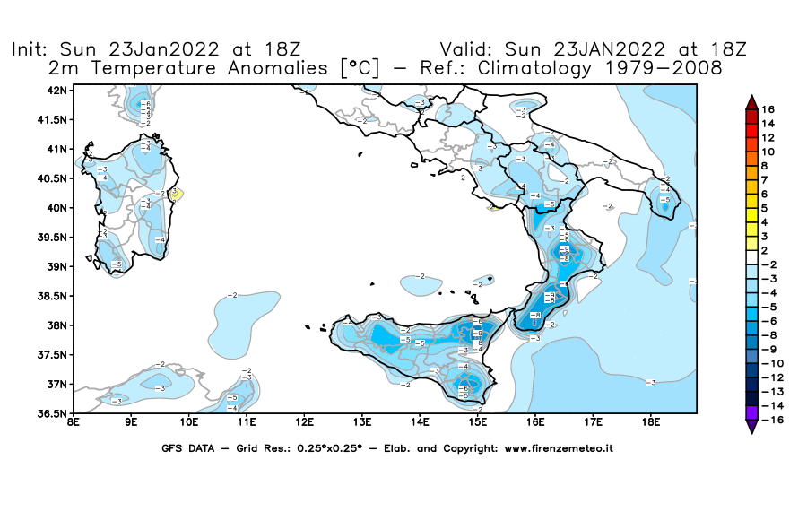 Mappa di analisi GFS - Anomalia Temperatura [°C] a 2 m in Sud-Italia
							del 23/01/2022 18 <!--googleoff: index-->UTC<!--googleon: index-->