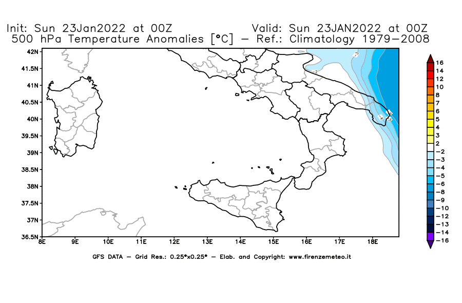 Mappa di analisi GFS - Anomalia Temperatura [°C] a 500 hPa in Sud-Italia
							del 23/01/2022 00 <!--googleoff: index-->UTC<!--googleon: index-->