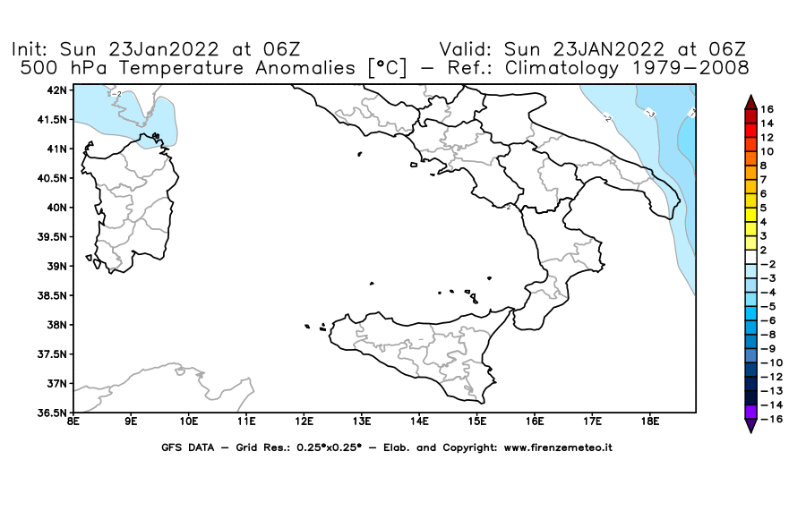 Mappa di analisi GFS - Anomalia Temperatura [°C] a 500 hPa in Sud-Italia
							del 23/01/2022 06 <!--googleoff: index-->UTC<!--googleon: index-->