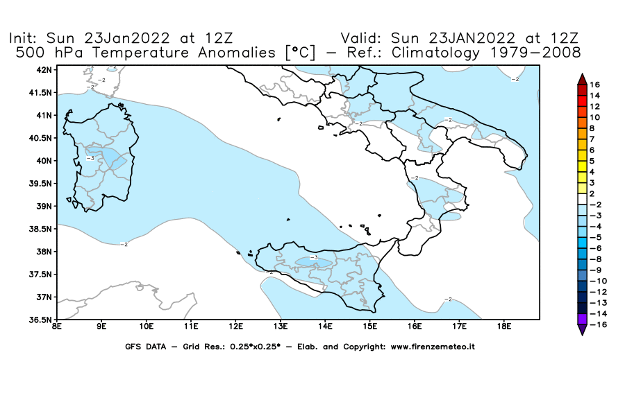 Mappa di analisi GFS - Anomalia Temperatura [°C] a 500 hPa in Sud-Italia
							del 23/01/2022 12 <!--googleoff: index-->UTC<!--googleon: index-->