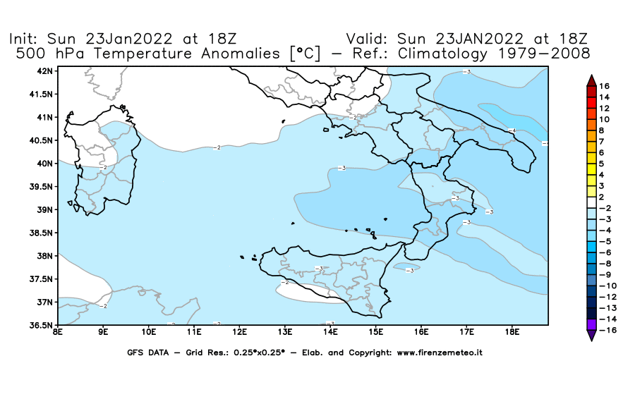 Mappa di analisi GFS - Anomalia Temperatura [°C] a 500 hPa in Sud-Italia
							del 23/01/2022 18 <!--googleoff: index-->UTC<!--googleon: index-->