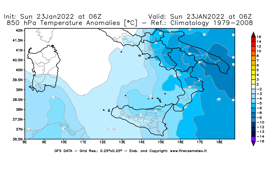 Mappa di analisi GFS - Anomalia Temperatura [°C] a 850 hPa in Sud-Italia
							del 23/01/2022 06 <!--googleoff: index-->UTC<!--googleon: index-->