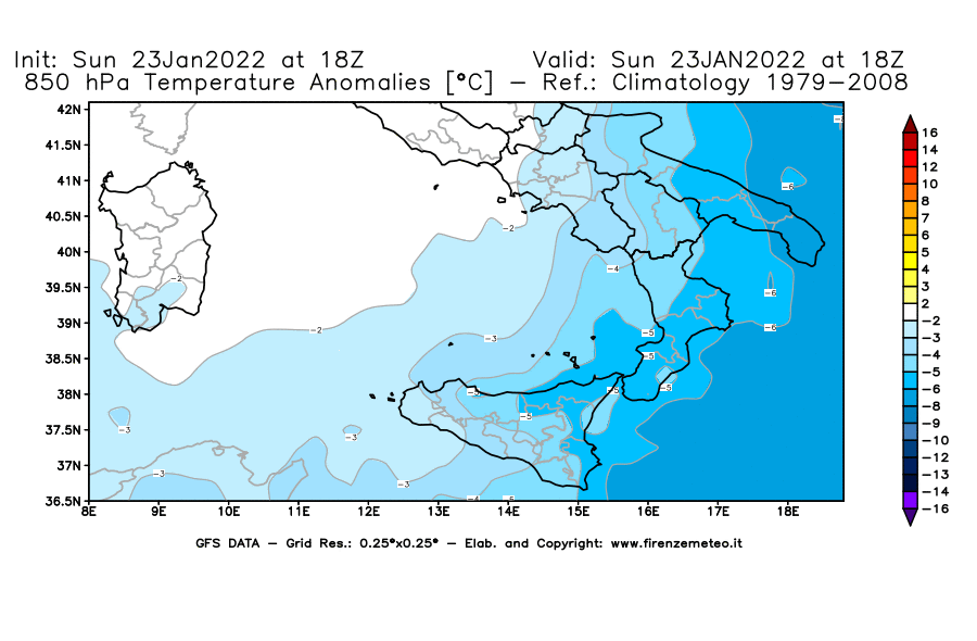 Mappa di analisi GFS - Anomalia Temperatura [°C] a 850 hPa in Sud-Italia
							del 23/01/2022 18 <!--googleoff: index-->UTC<!--googleon: index-->
