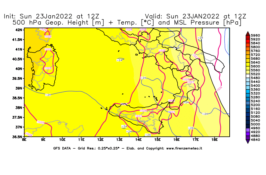 Mappa di analisi GFS - Geopotenziale [m] + Temp. [°C] a 500 hPa + Press. a livello del mare [hPa] in Sud-Italia
							del 23/01/2022 12 <!--googleoff: index-->UTC<!--googleon: index-->