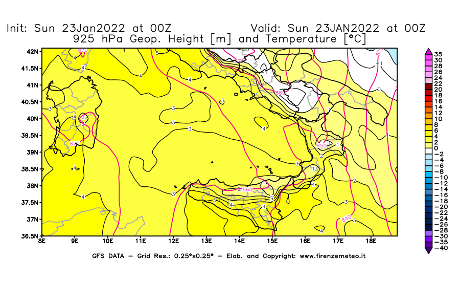 Mappa di analisi GFS - Geopotenziale [m] e Temperatura [°C] a 925 hPa in Sud-Italia
							del 23/01/2022 00 <!--googleoff: index-->UTC<!--googleon: index-->