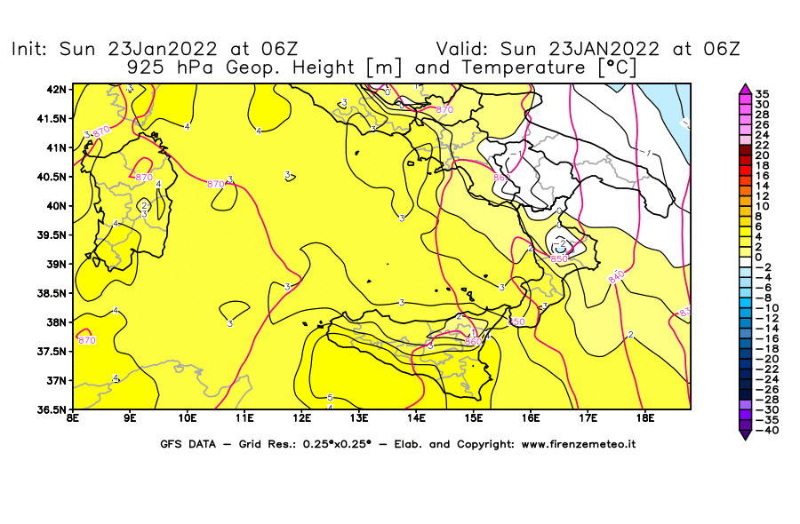 Mappa di analisi GFS - Geopotenziale [m] e Temperatura [°C] a 925 hPa in Sud-Italia
							del 23/01/2022 06 <!--googleoff: index-->UTC<!--googleon: index-->