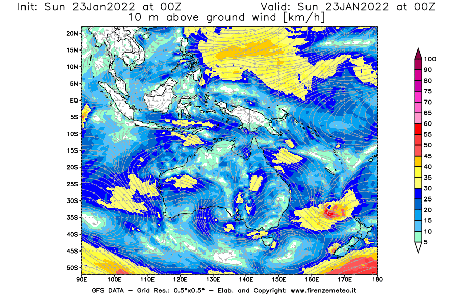 Mappa di analisi GFS - Velocità del vento a 10 metri dal suolo [km/h] in Oceania
							del 23/01/2022 00 <!--googleoff: index-->UTC<!--googleon: index-->