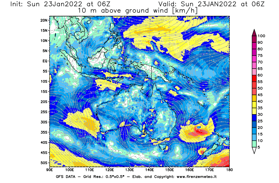 Mappa di analisi GFS - Velocità del vento a 10 metri dal suolo [km/h] in Oceania
							del 23/01/2022 06 <!--googleoff: index-->UTC<!--googleon: index-->