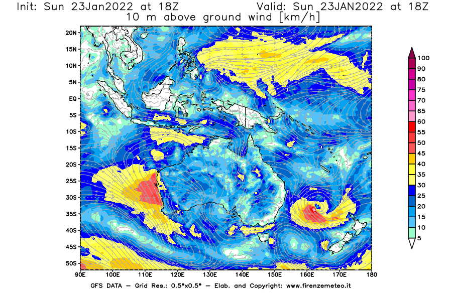 Mappa di analisi GFS - Velocità del vento a 10 metri dal suolo [km/h] in Oceania
							del 23/01/2022 18 <!--googleoff: index-->UTC<!--googleon: index-->