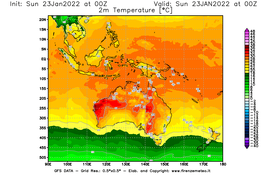 Mappa di analisi GFS - Temperatura a 2 metri dal suolo [°C] in Oceania
							del 23/01/2022 00 <!--googleoff: index-->UTC<!--googleon: index-->