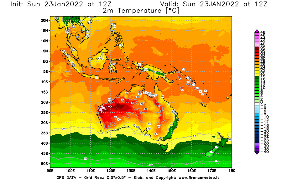Mappa di analisi GFS - Temperatura a 2 metri dal suolo [°C] in Oceania
							del 23/01/2022 12 <!--googleoff: index-->UTC<!--googleon: index-->