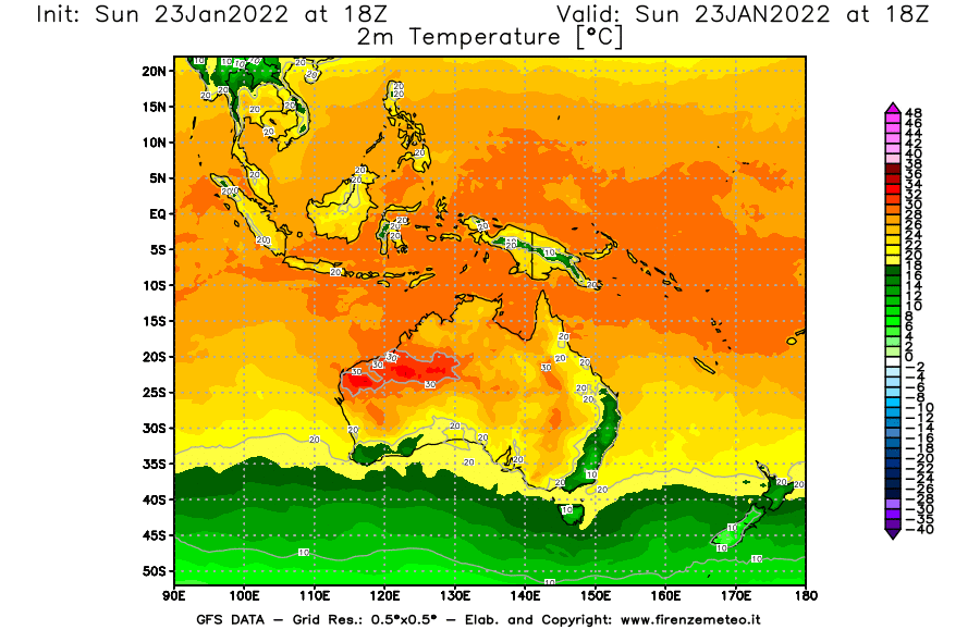 Mappa di analisi GFS - Temperatura a 2 metri dal suolo [°C] in Oceania
							del 23/01/2022 18 <!--googleoff: index-->UTC<!--googleon: index-->