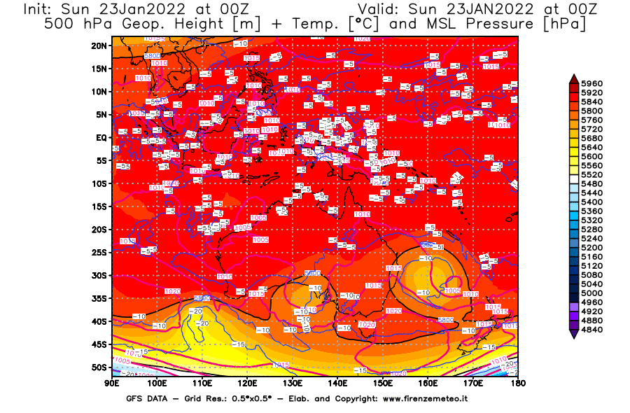 Mappa di analisi GFS - Geopotenziale [m] + Temp. [°C] a 500 hPa + Press. a livello del mare [hPa] in Oceania
							del 23/01/2022 00 <!--googleoff: index-->UTC<!--googleon: index-->