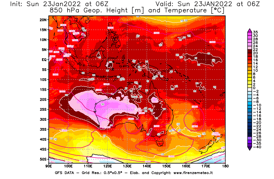 Mappa di analisi GFS - Geopotenziale [m] e Temperatura [°C] a 850 hPa in Oceania
							del 23/01/2022 06 <!--googleoff: index-->UTC<!--googleon: index-->