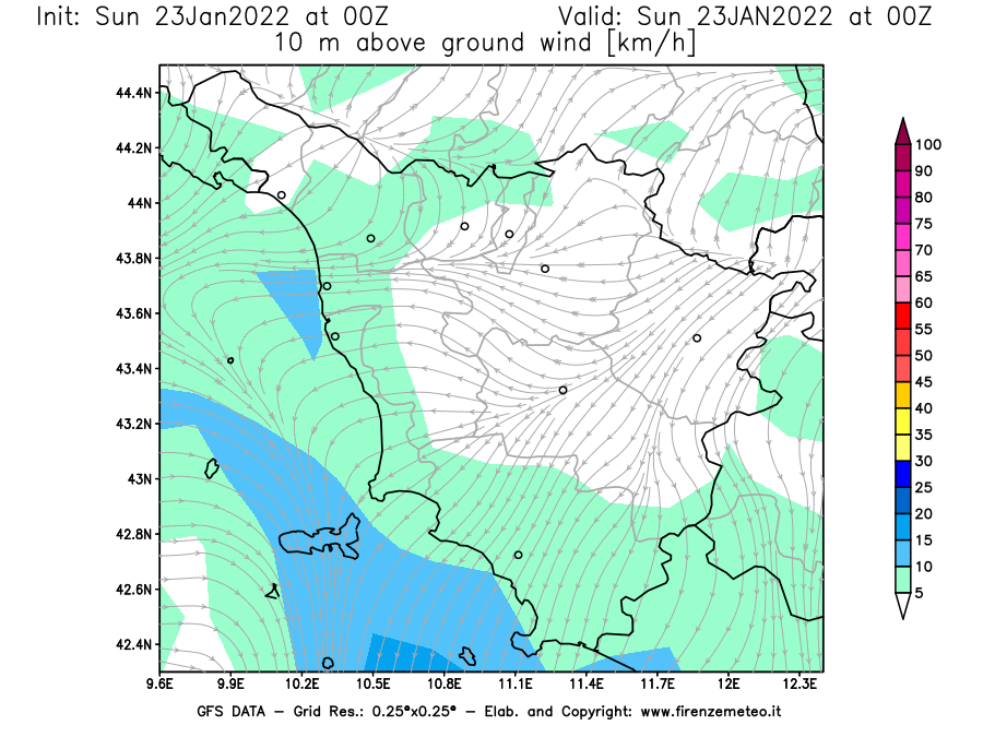 Mappa di analisi GFS - Velocità del vento a 10 metri dal suolo [km/h] in Toscana
							del 23/01/2022 00 <!--googleoff: index-->UTC<!--googleon: index-->